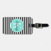 Zwarte en witte strepen met Turquoise-monogram Bagagelabel (Voorkant horizontaal)
