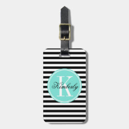 Zwarte en witte strepen met Turquoise-monogram Bagagelabel