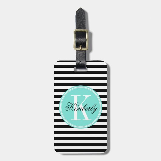 Zwarte en witte strepen met Turquoise-monogram Bagagelabel (Voorkant verticaal)