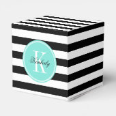 Zwarte en witte strepen met Turquoise-monogram Bedankdoosjes (Achterkant)