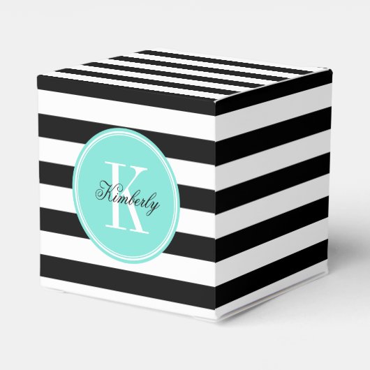 Zwarte en witte strepen met Turquoise-monogram Bedankdoosjes (Achterkant)