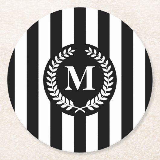 Zwarte en witte strepen ronde kartonnen onderzetter (Voorkant)