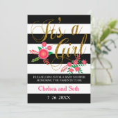 Zwarte en witte strepen | Roze Floral | BABY SHOWE Kaart (Staand voorkant)