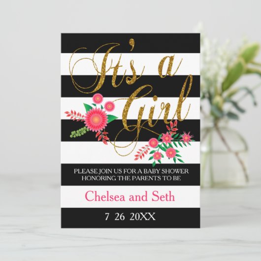 Zwarte en witte strepen | Roze Floral | BABY SHOWE Kaart (Staand voorkant)