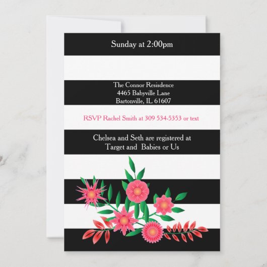 Zwarte en witte strepen | Roze Floral | BABY SHOWE Kaart (Achterkant)