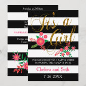 Zwarte en witte strepen | Roze Floral | BABY SHOWE Kaart (Voorkant / Achterkant)