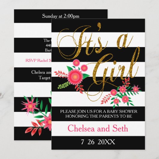 Zwarte en witte strepen | Roze Floral | BABY SHOWE Kaart (Voorkant / Achterkant)