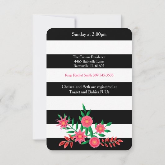 Zwarte en witte strepen | Roze Floral | Baby showe Kaart (Achterkant)