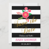 Zwarte en witte strepen | Roze Floral | BABY SHOWE Magnetische Uitnodiging (Voorkant)