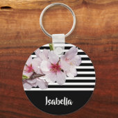 Zwarte en witte strepen Roze kersennaam Sleutelhanger (Voorkant)