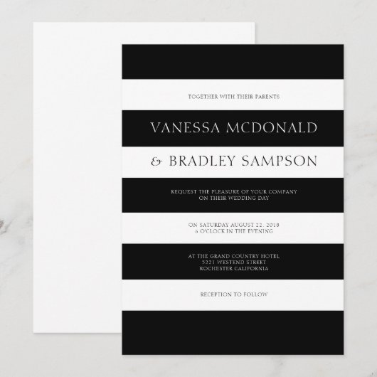 Zwarte en witte strepen trouwuitnodiging. kaart (Voorkant / Achterkant)