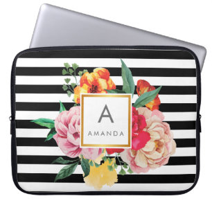 Zwarte en witte strepen Waterverf Peony Flowers Laptop Sleeve