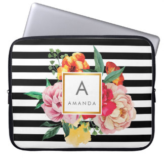 Zwarte en witte strepen Waterverf Peony Flowers Laptop Sleeve