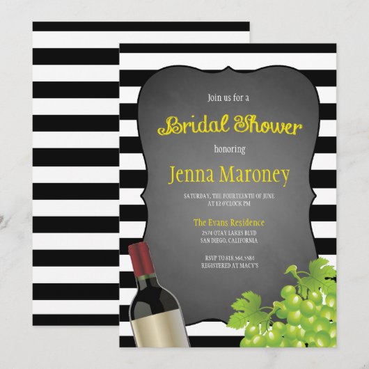 Zwarte en witte strepen wijndruiven Vrijgezellenfe Kaart (Voorkant / Achterkant)