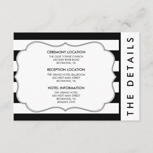 Zwarte en Witte Stripe Moderne bruiloft — Details- Informatiekaartje (Voorkant)