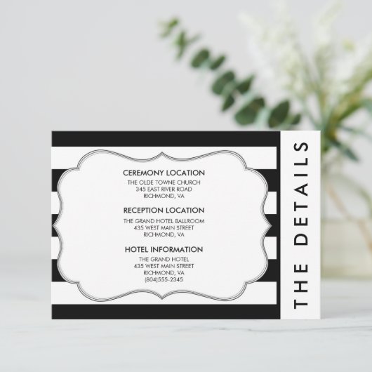 Zwarte en Witte Stripe Moderne bruiloft — Details- Informatiekaartje (Staand voorkant)