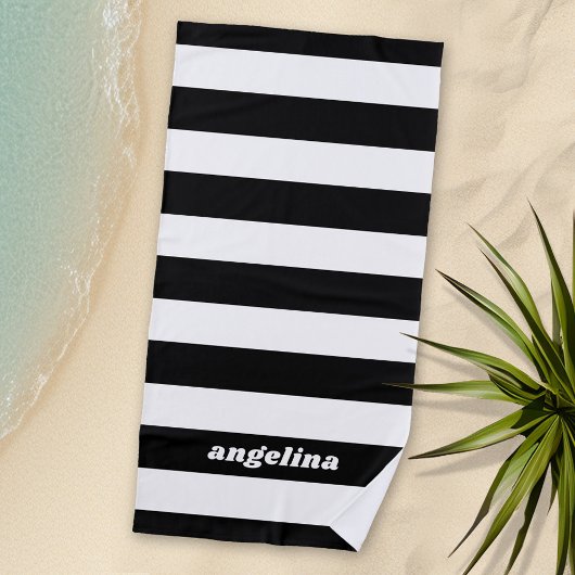 Zwarte en Witte Striped Pattern Modern Name Strandlaken