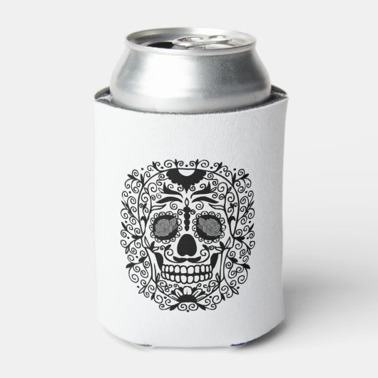 Zwarte en witte suikerschedel met Roos ogen Blikjeskoeler (Blikje Voorkant)
