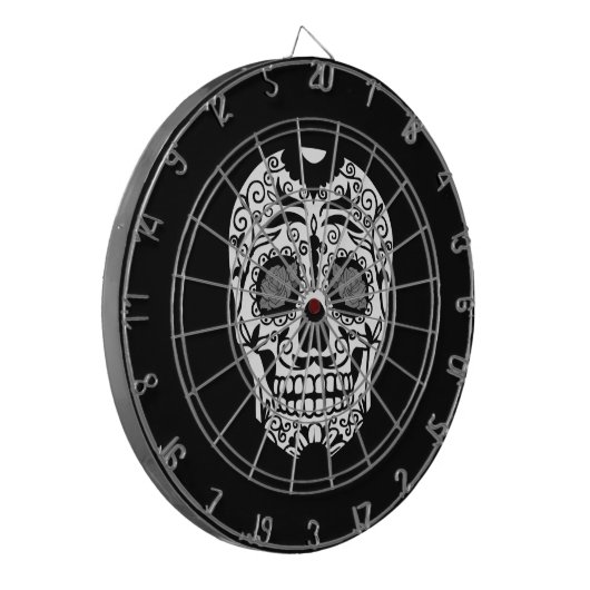Zwarte en witte suikerschedel met Roos ogen Dartbord (Voorkant Links)