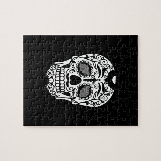 Zwarte en witte suikerschedel met Roos ogen Legpuzzel (Horizontaal)