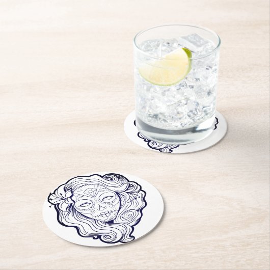 Zwarte en witte suikerschedel ronde kartonnen onderzetter (Insitu)