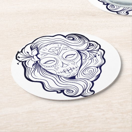 Zwarte en witte suikerschedel ronde kartonnen onderzetter (Gebogen)