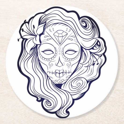 Zwarte en witte suikerschedel ronde kartonnen onderzetter (Voorkant)