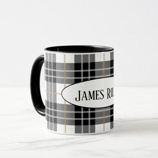 zwarte en witte tartaanpleister met naam mok (Voorkant links)