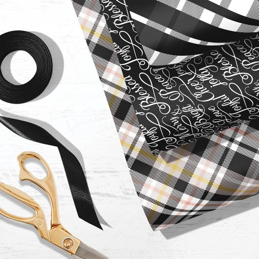 Zwarte en witte Tartan Pset-kersttypografie Inpakpapier Vel