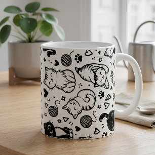 Zwarte en Witte Tekenpatroon van een Cute Kat Koffiemok
