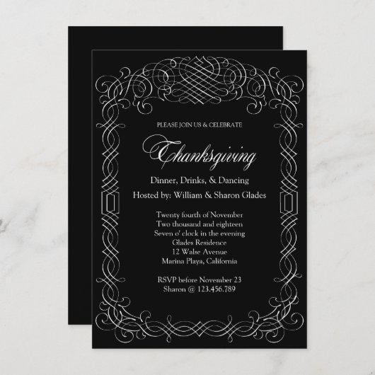 Zwarte en witte Thanksgiving Dinnerkalligrafie Kaart (Voorkant / Achterkant)