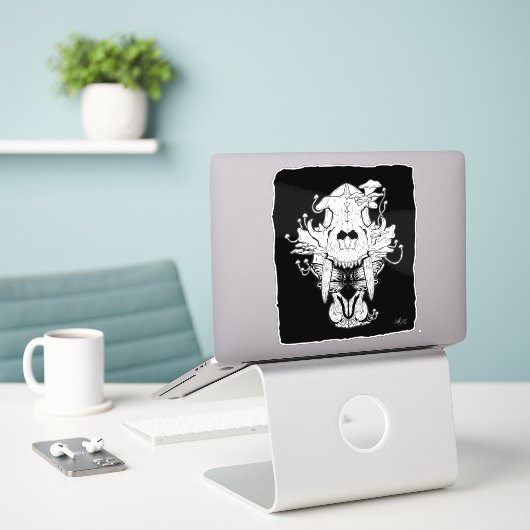 Zwarte en witte tijgerschedel sticker (Laptop op bureau)