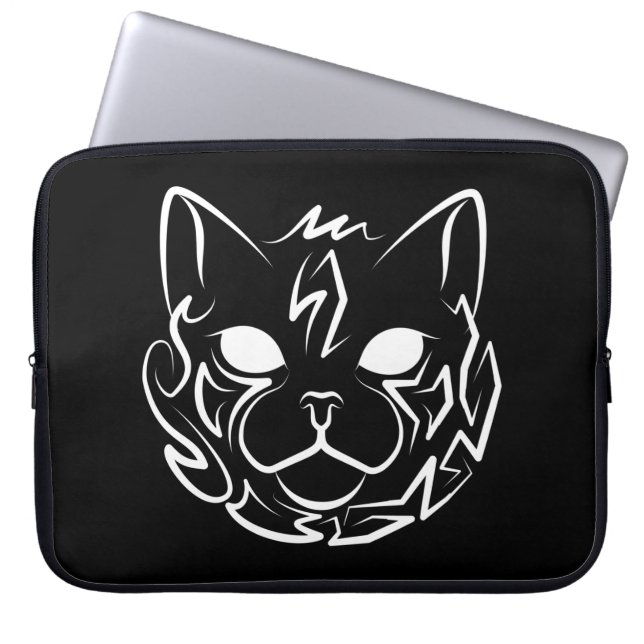 Zwarte en witte tribale kat laptop sleeve (Voorkant)