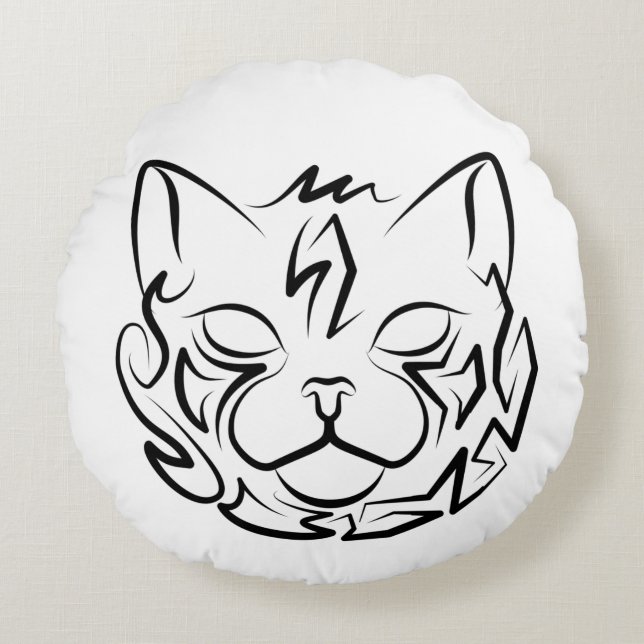 Zwarte en witte tribale kat rond kussen (Voorkant)