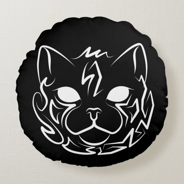 Zwarte en witte tribale kat rond kussen (Voorkant)