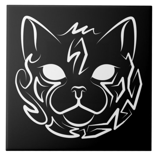 Zwarte en witte tribale kat tegeltje (Voorkant)