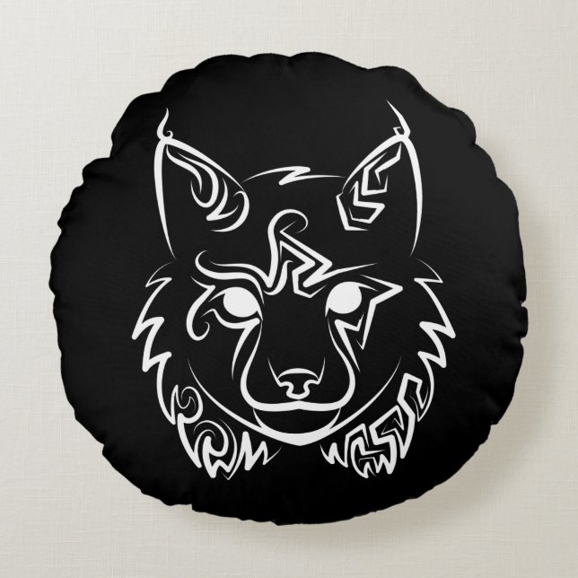 Zwarte en Witte Tribale Lynx Rond Kussen (Voorkant)