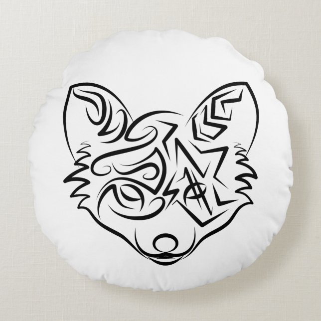 Zwarte en witte tribale vos rond kussen (Voorkant)