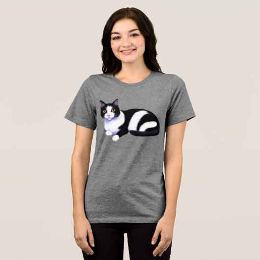 Zwarte en witte Tuxedo Cat Tri-Blend Shirt (Voorkant volledig)