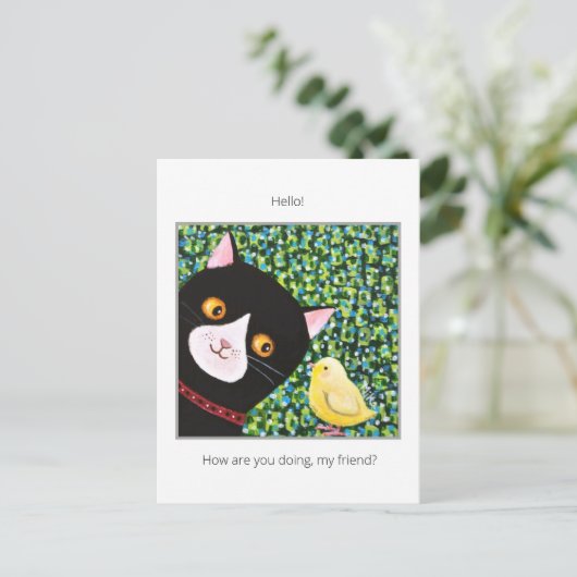 Zwarte en witte Tuxedo-kat met Hallo vriend Briefkaart (Staand voorkant)