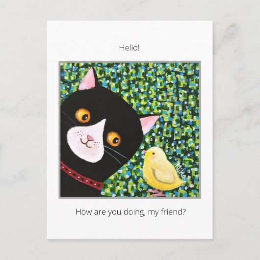 Zwarte en witte Tuxedo-kat met Hallo vriend Briefkaart (Voorkant)