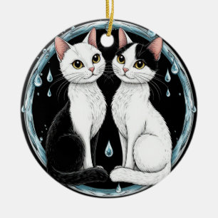 Zwarte en Witte Tweelingkatten die Samen Zitten Keramisch Ornament