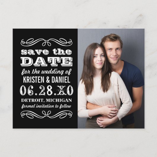 Zwarte en Witte Typografie Foto Opslaan Datum Aankondigingskaart (Voorkant)