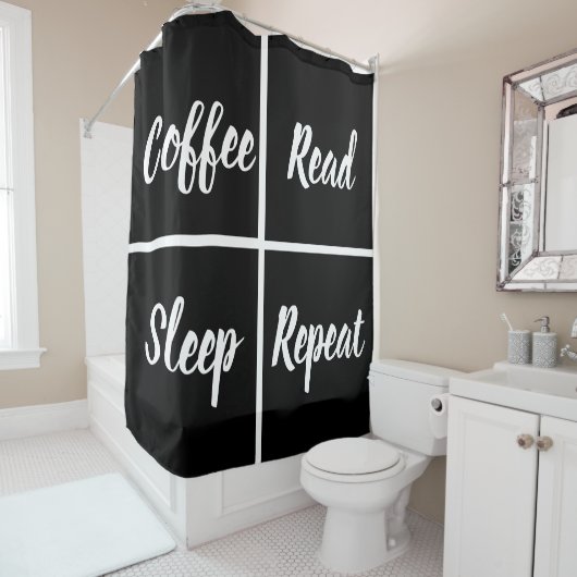 Zwarte en witte vierkantjes met grappige woorden douchegordijn (In situ)
