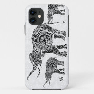 Zwarte en witte Vintage Floral Elephant-Monogram iPhone 11 Hoesje