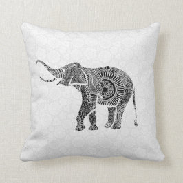 Zwarte en witte Vintage Floral Elephant-Monogram Kussen