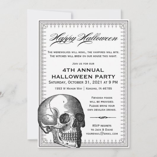 Zwarte en Witte Vintage Halloween Invitation Kaart (Voorkant)