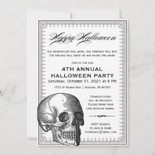 Zwarte en Witte Vintage Halloween Invitation Kaart