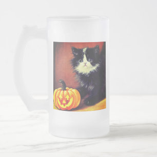 Zwarte en witte vintage Halloween kitten Matglas Bierpul