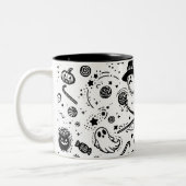 Zwarte en witte vleermuis Halloween Lineart Tweekleurige Koffiemok (Links)